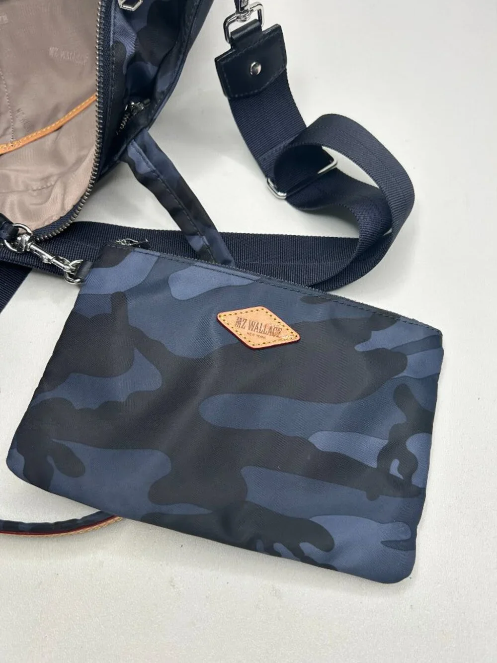 MZ WALLACE Medium Blue Camo Soho Crossbody Tote w/Pouch & Crossbody Strap